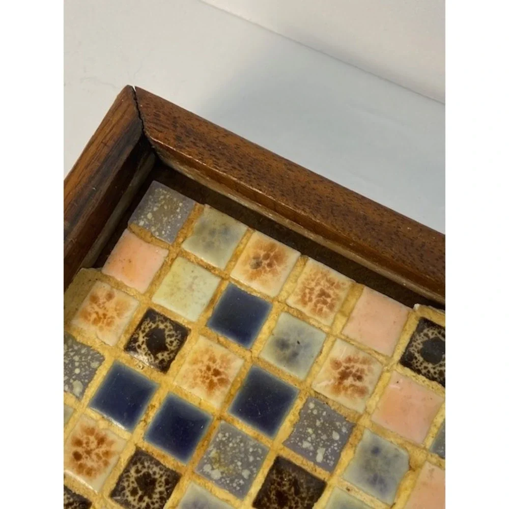 Vintage Mid Century Modern Mosaic Tile Wood Serving Tray Brass Handles Vered